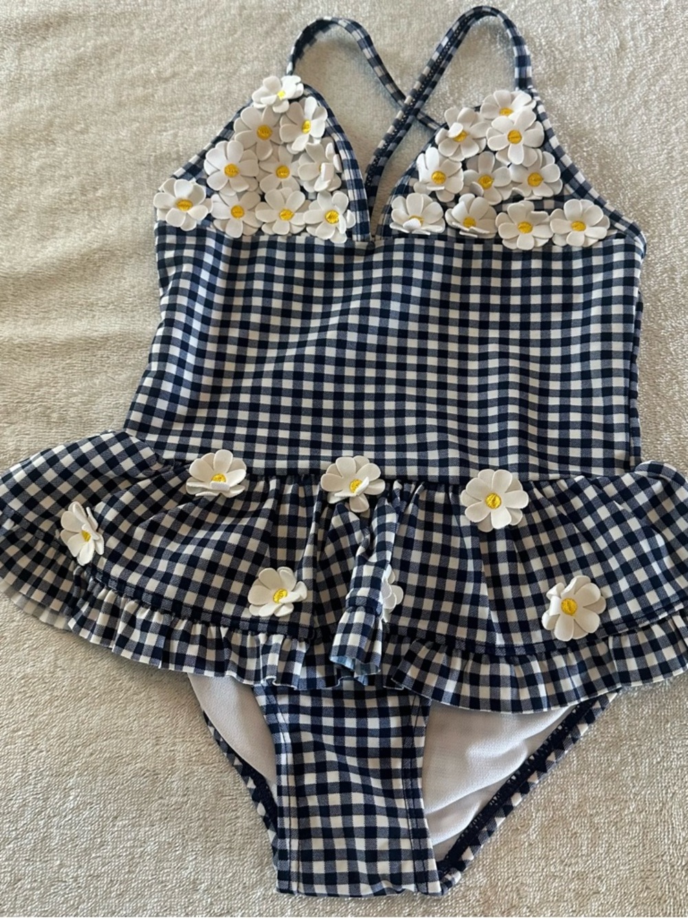 Navy Gingham One-Piece Swimsuit with Daisy Appliqués -24M